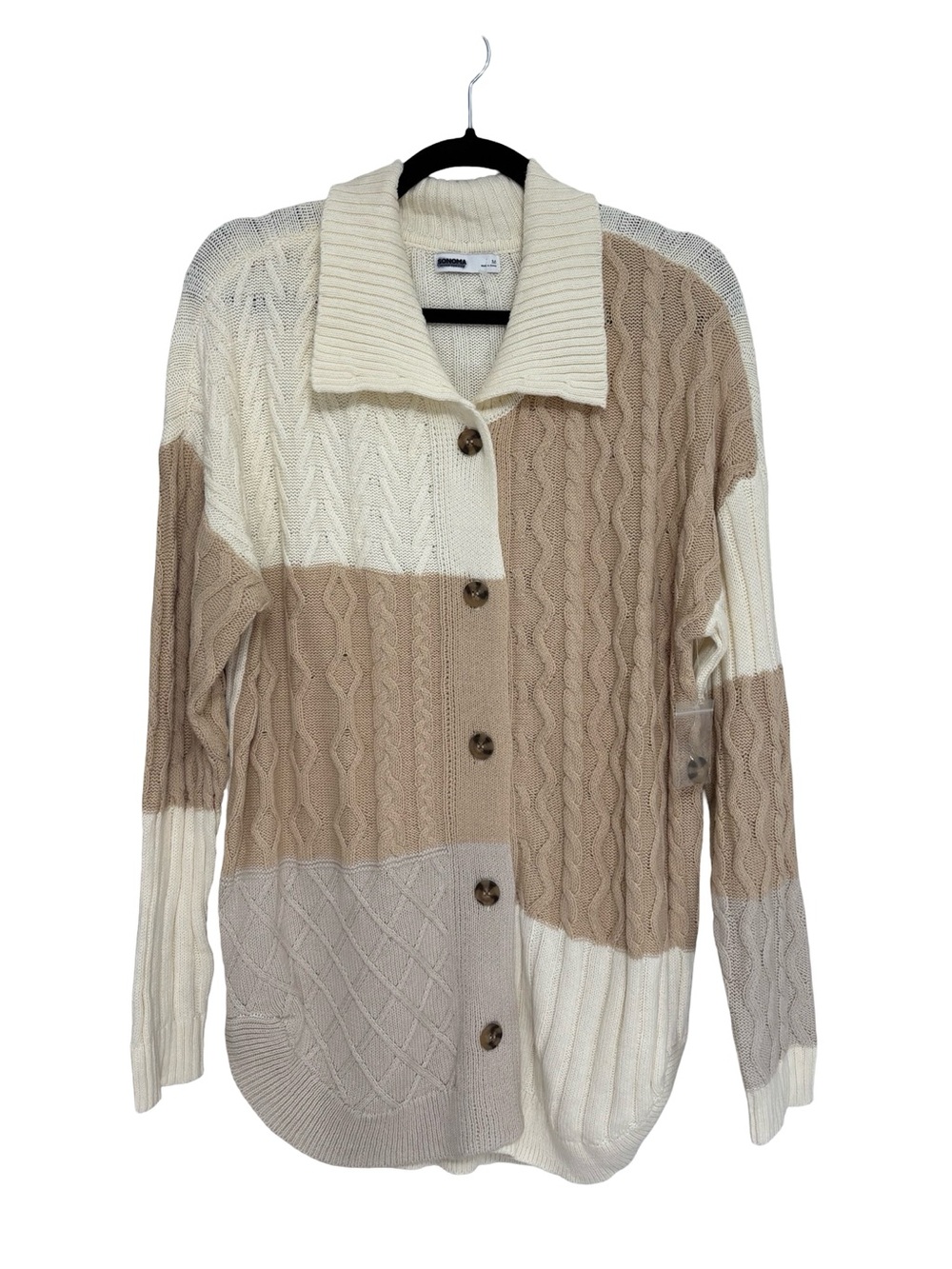 NEW Kohl’s Sonoma Cotton Blend Color Block Collared Cable Knit Cardigan - Size M
